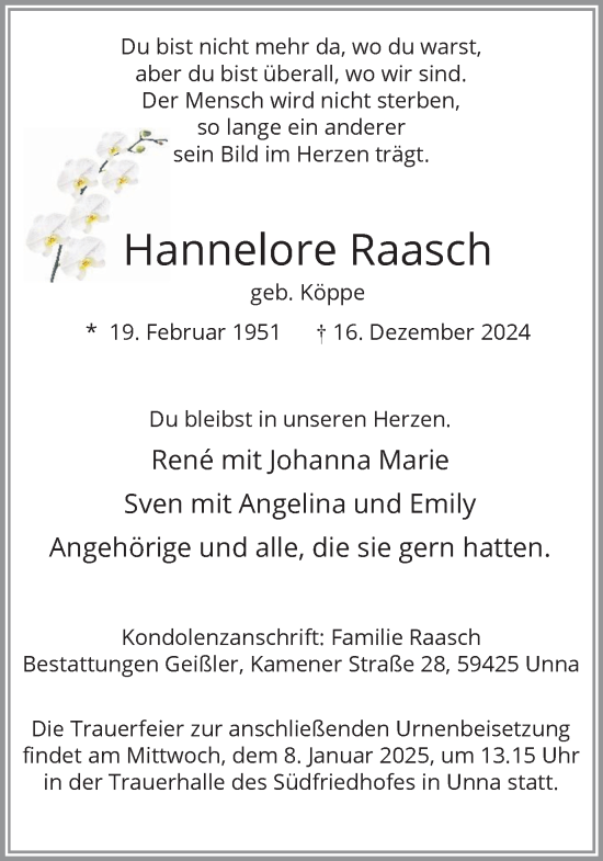 Traueranzeige von Hannelore Raasch von Hellweger Anzeiger