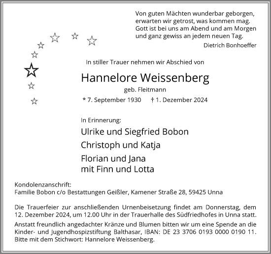 Traueranzeige von Hannelore Weissenberg von Hellweger Anzeiger