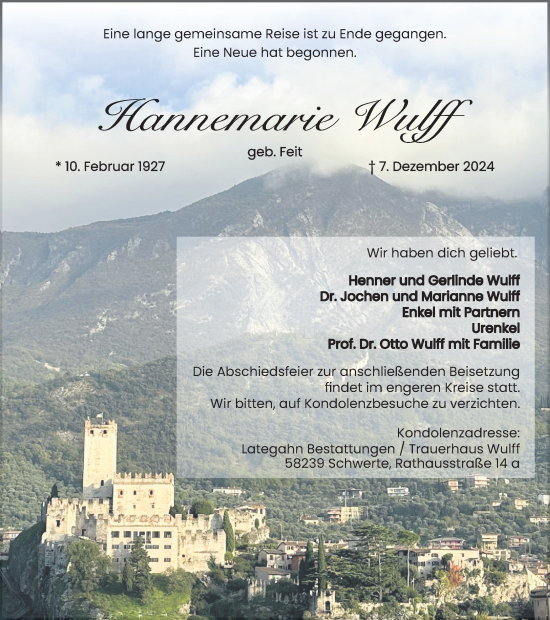 Traueranzeige von Hannemarie Wulff von Ruhr Nachrichten