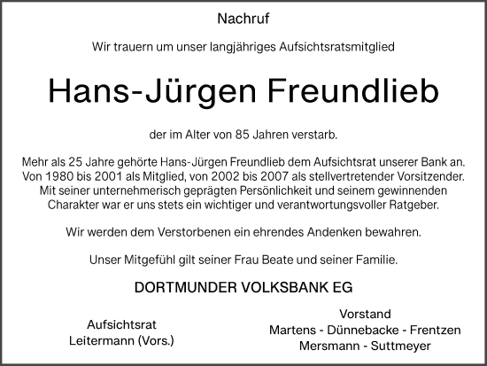 Traueranzeige von Hans-Jürgen Freundlieb von Ruhr Nachrichten