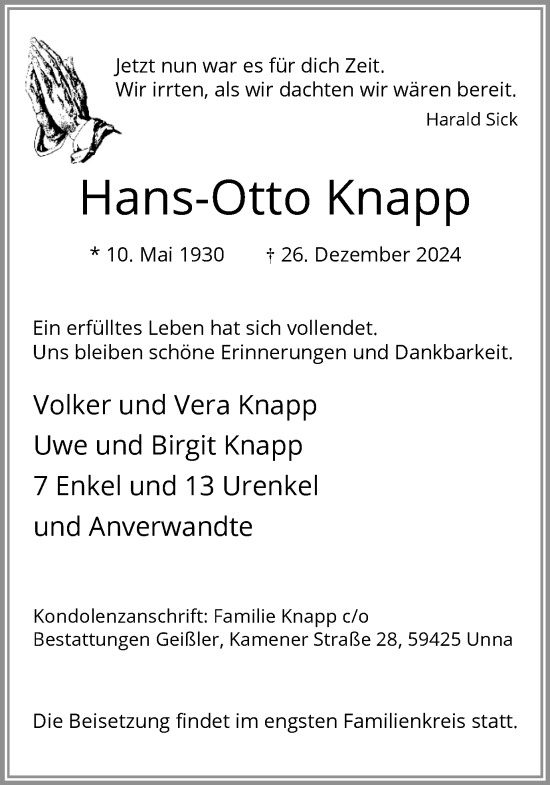 Traueranzeige von Hans-Otto Knapp von Hellweger Anzeiger