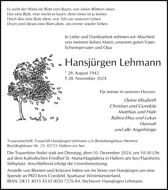 Traueranzeige von Hansjürgen Lehmann von Ruhr Nachrichten und Halterner Zeitung