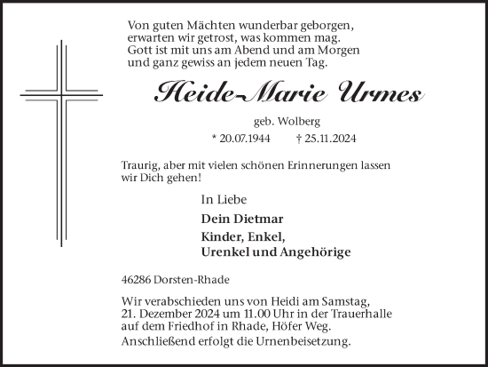 Traueranzeige von Heide-Marie Urmes von Ruhr Nachrichten und Dorstener Zeitung