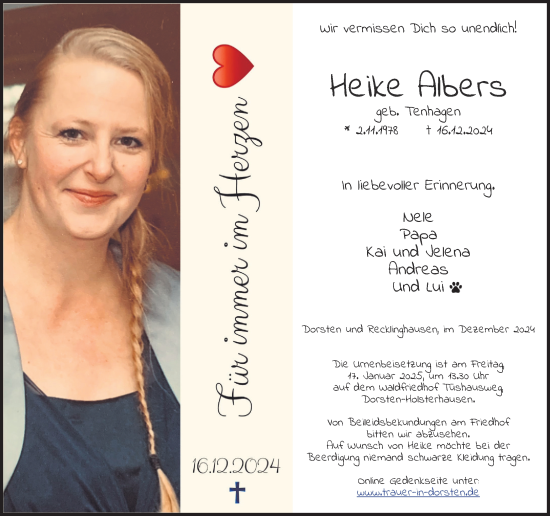 Traueranzeige von Heike Albers von Ruhr Nachrichten und Dorstener Zeitung