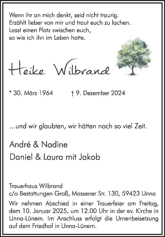 Traueranzeige für Heike Wilbrand vom 28.12.2024 aus Hellweger Anzeiger