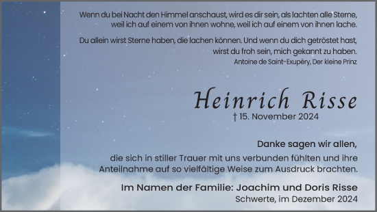 Traueranzeige von Heinrich Risse von Ruhr Nachrichten