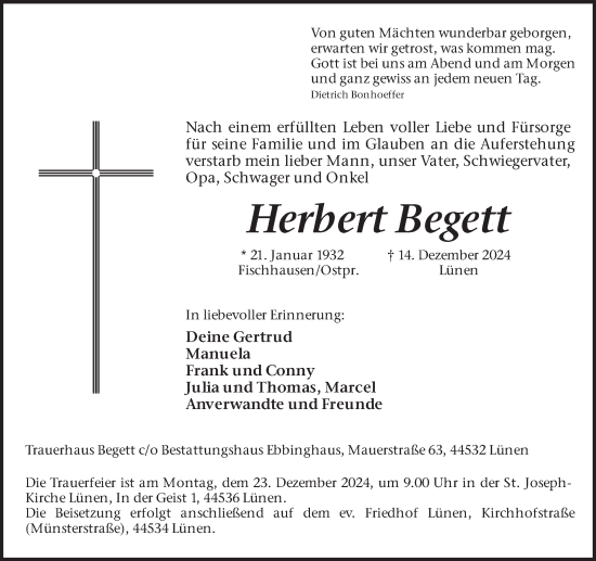 Traueranzeige von Herbert Begett von Ruhr Nachrichten