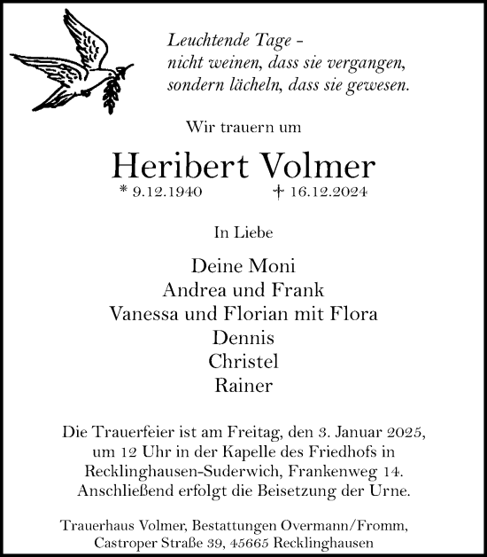Traueranzeige von Heribert Volmer von Trauer Vest
