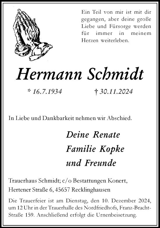 Traueranzeige von Hermann Schmidt von Trauer Vest