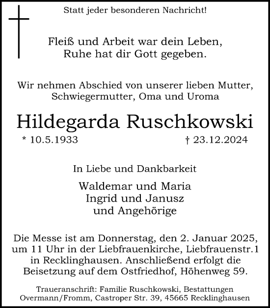 Traueranzeige von Hildegarda Ruschkowski von Trauer Vest
