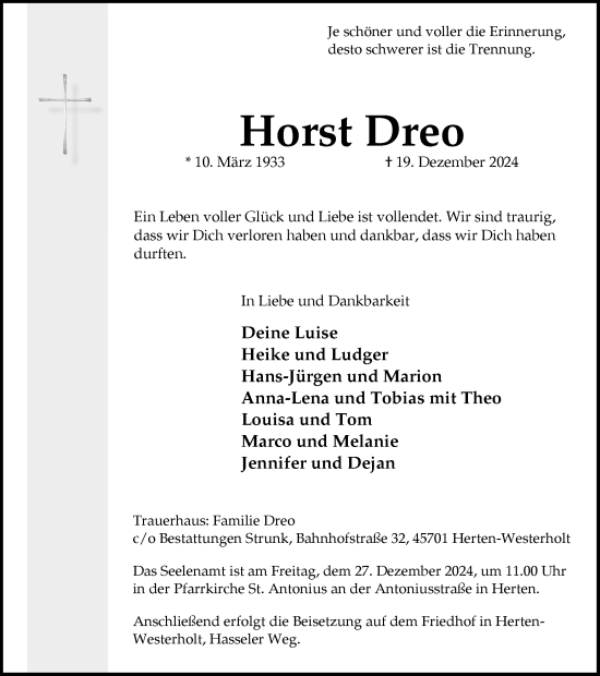 Traueranzeige von Horst Dreo von Trauer Vest