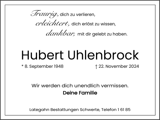 Traueranzeige von Hubert Uhlenbrock von Ruhr Nachrichten