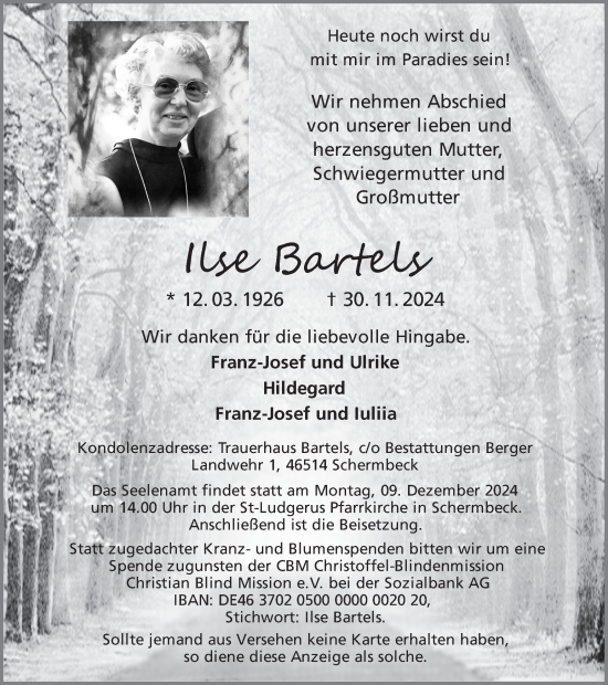 Traueranzeige von Ilse Bartels von Ruhr Nachrichten und Dorstener Zeitung