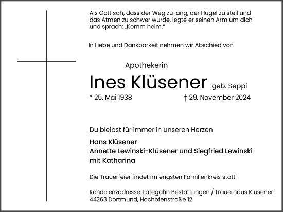 Traueranzeige von Ines Klüsener von Ruhr Nachrichten