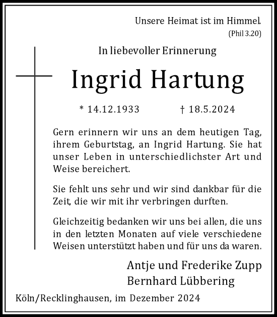 Traueranzeige von Ingrid Hartung von Trauer Vest