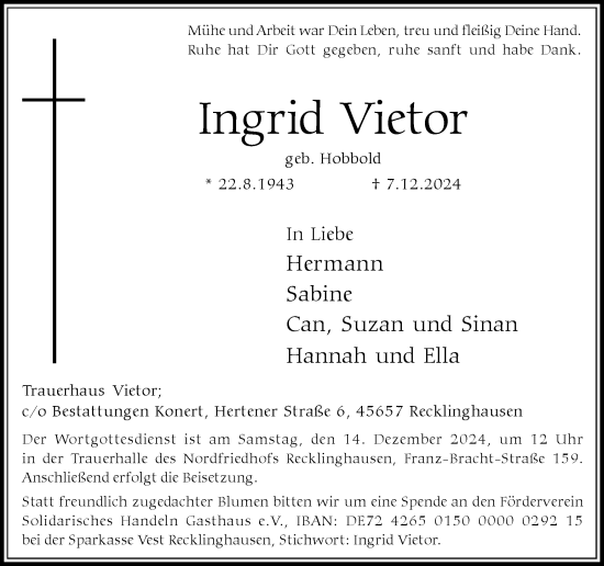 Traueranzeige von Ingrid Vietor von Trauer Vest