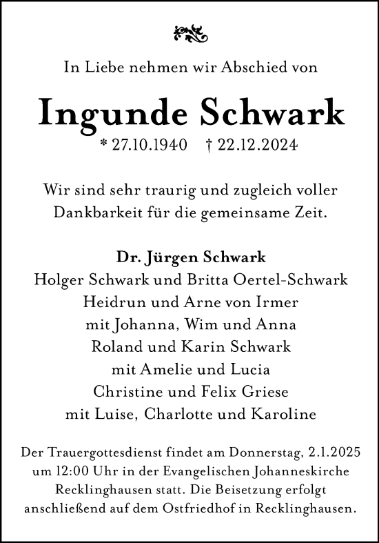 Traueranzeige von Ingunde Schwark von Trauer Vest