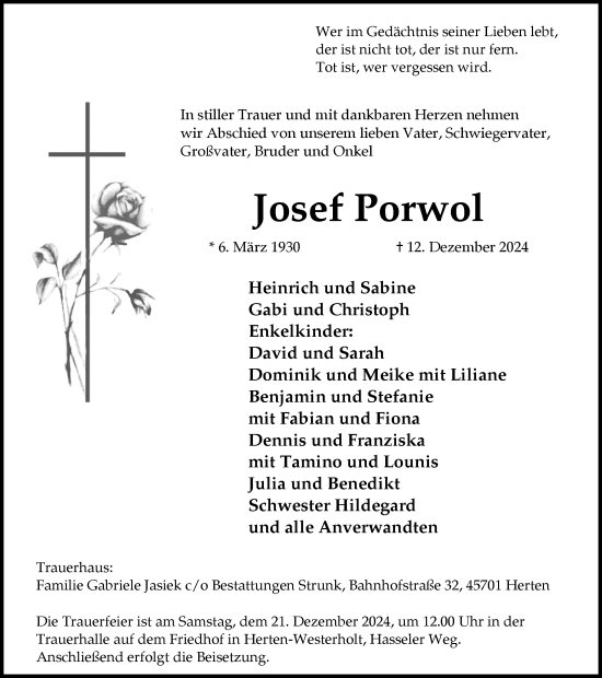 Traueranzeige von Josef Porwol von Trauer Vest