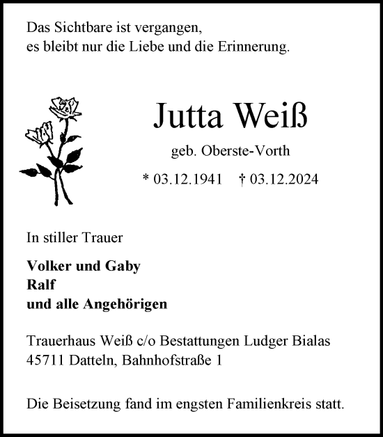 Traueranzeige von Jutta Weiß von Stadtanzeiger Castrop-Rauxel