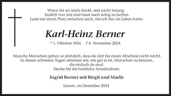 Traueranzeige von Karl-Heinz Berner von Ruhr Nachrichten