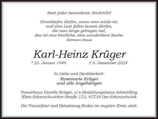 Traueranzeige von Karl-Heinz Krüger von Trauer Vest