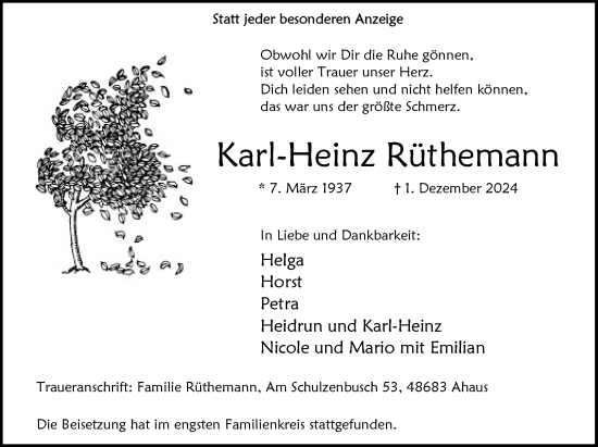 Traueranzeige von Karl-Heinz Rüthemann von Münsterland Zeitung