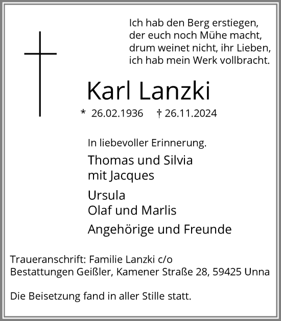 Traueranzeige von Karl Lanzki von Ruhr Nachrichten