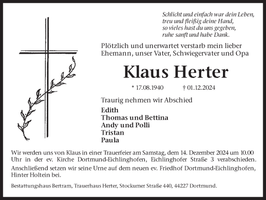Traueranzeige von Klaus Herter von Ruhr Nachrichten
