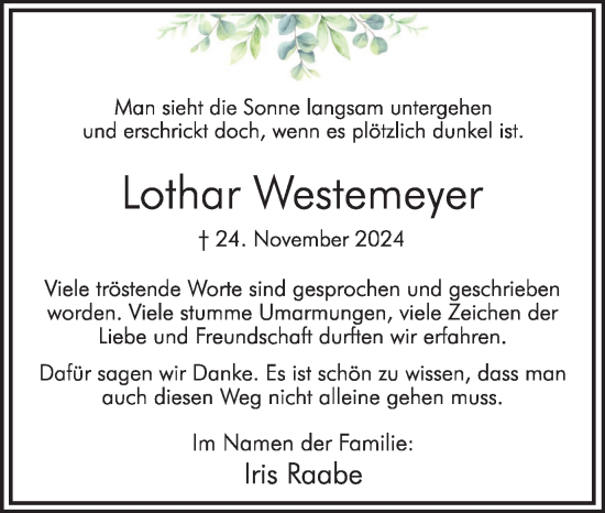 Traueranzeige von Lothar Weste von Hellweger Anzeiger