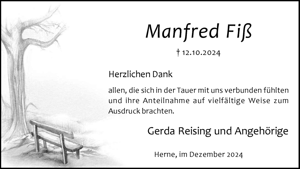  Traueranzeige für Manfred Fiß vom 07.12.2024 aus Trauer Vest