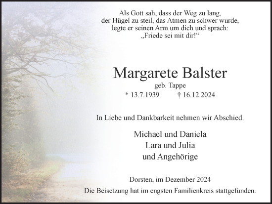 Traueranzeige von Margarete Balster von Ruhr Nachrichten und Dorstener Zeitung