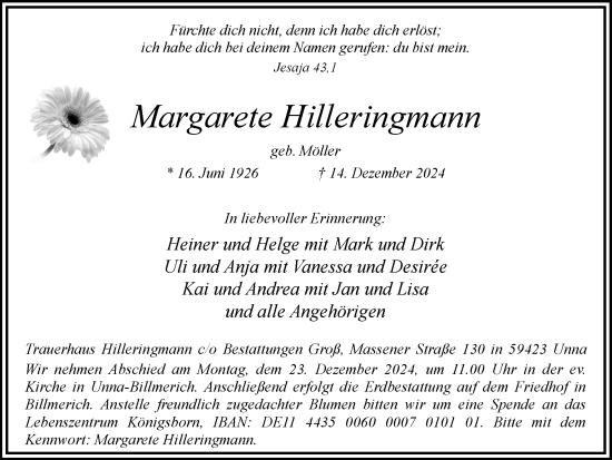 Traueranzeige von Margarete Hilleringmann von Hellweger Anzeiger