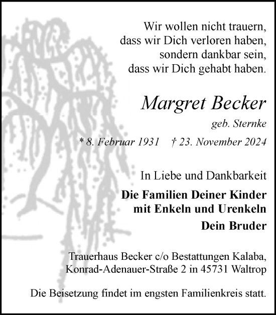 Traueranzeige von Margret Becker von Trauer Vest