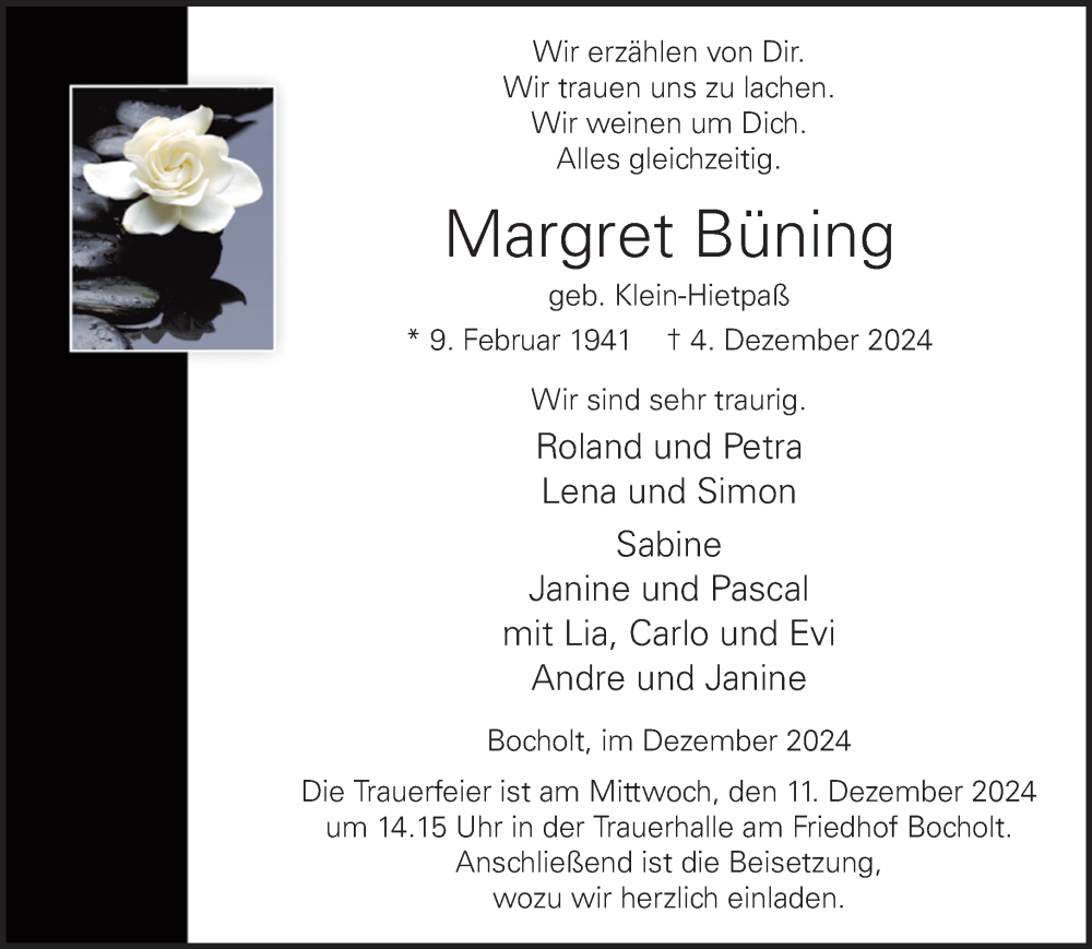  Traueranzeige für Margret Büning vom 07.12.2024 aus Bocholter-Borkener Volksblatt