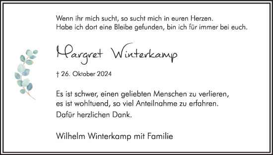 Traueranzeige von Margret Winterkamp von Hellweger Anzeiger