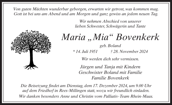 Traueranzeige von Maria  Bovenkerk von Bocholter-Borkener Volksblatt