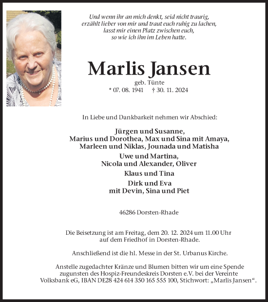 Traueranzeige von Marlis Jansen von Ruhr Nachrichten und Dorstener Zeitung