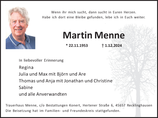 Traueranzeige von Martin Menne von Trauer Vest