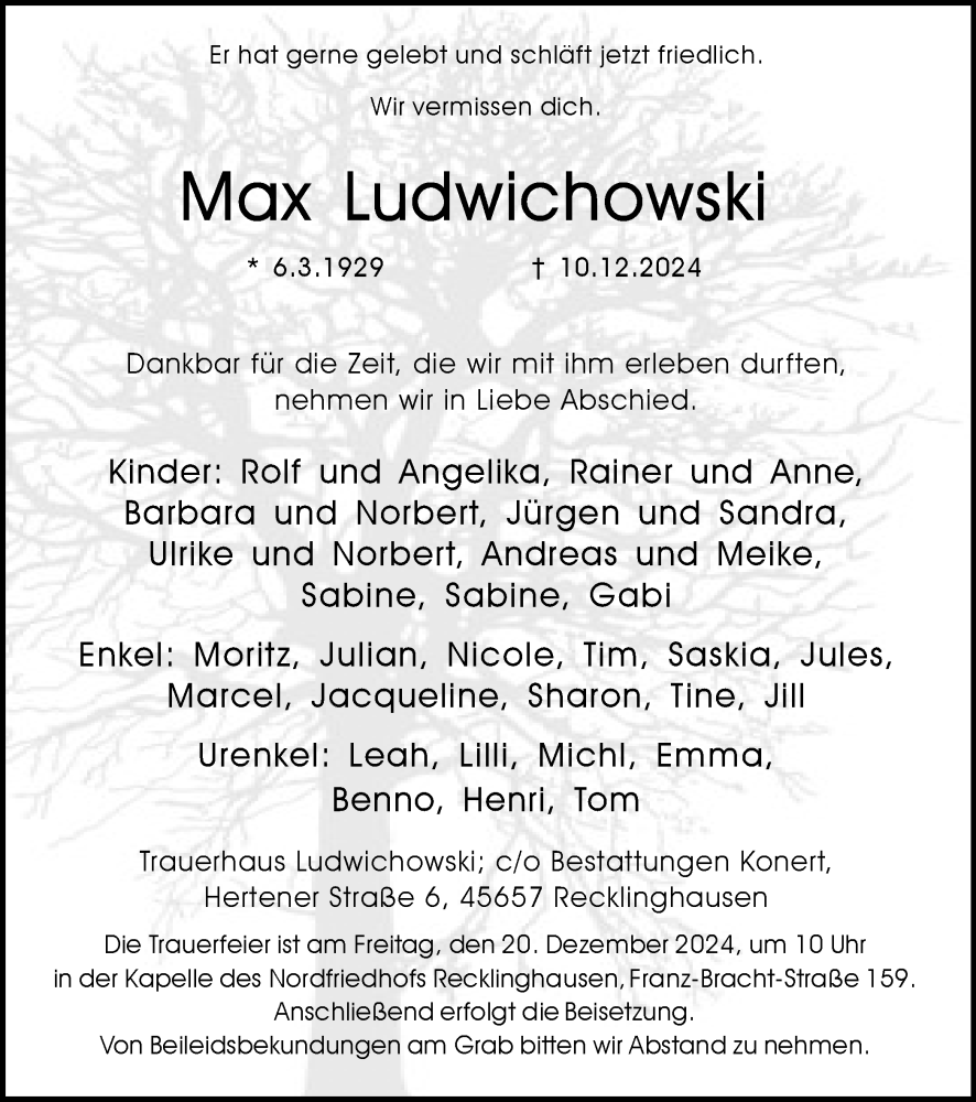  Traueranzeige für Max Ludwichowski vom 14.12.2024 aus Trauer Vest