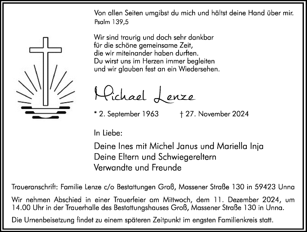  Traueranzeige für Michael Lenze vom 07.12.2024 aus Hellweger Anzeiger