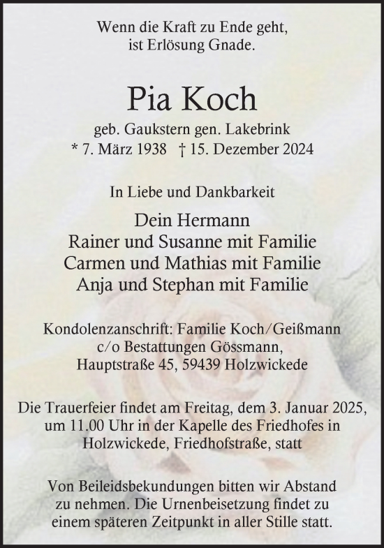 Traueranzeige von Pia Koch von Ruhr Nachrichten