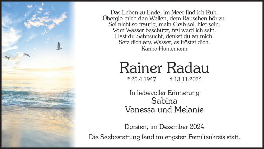  Traueranzeige für Rainer Radau vom 07.12.2024 aus Ruhr Nachrichten und Dorstener Zeitung