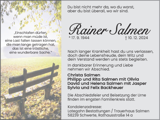Traueranzeige von Rainer Salmen von Ruhr Nachrichten