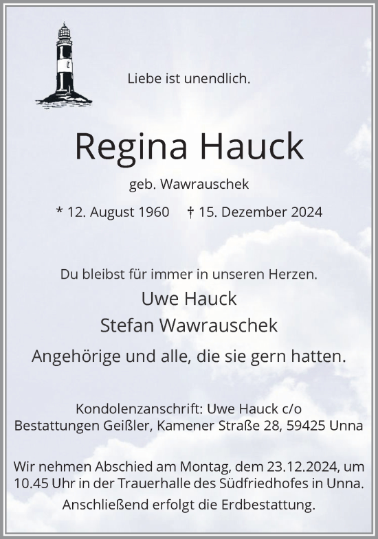 Traueranzeige von Regina Hauck von Hellweger Anzeiger