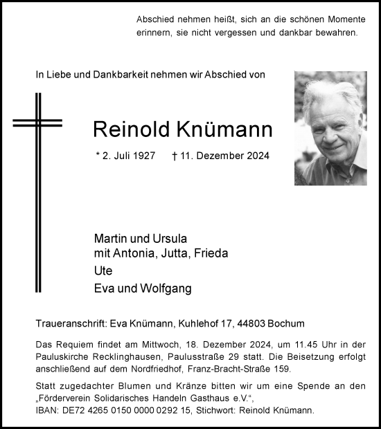 Traueranzeige von Reinold Knümann von Trauer Vest