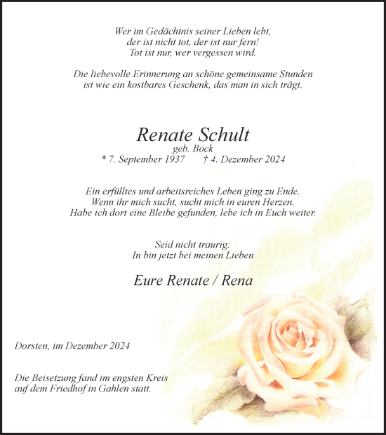 Traueranzeige von Renate Schult von Ruhr Nachrichten und Dorstener Zeitung