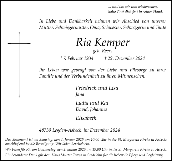 Traueranzeige von Ria Kemper von Münsterland Zeitung