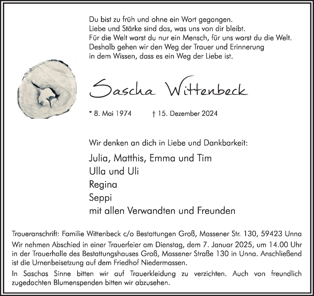  Traueranzeige für Sascha Wittenbeck vom 28.12.2024 aus Ruhr Nachrichten