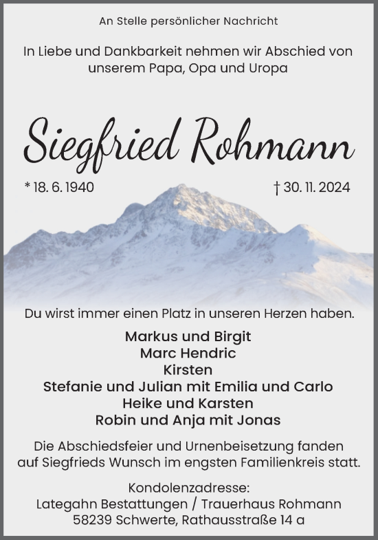 Traueranzeige von Siegfried Rohmann von Ruhr Nachrichten