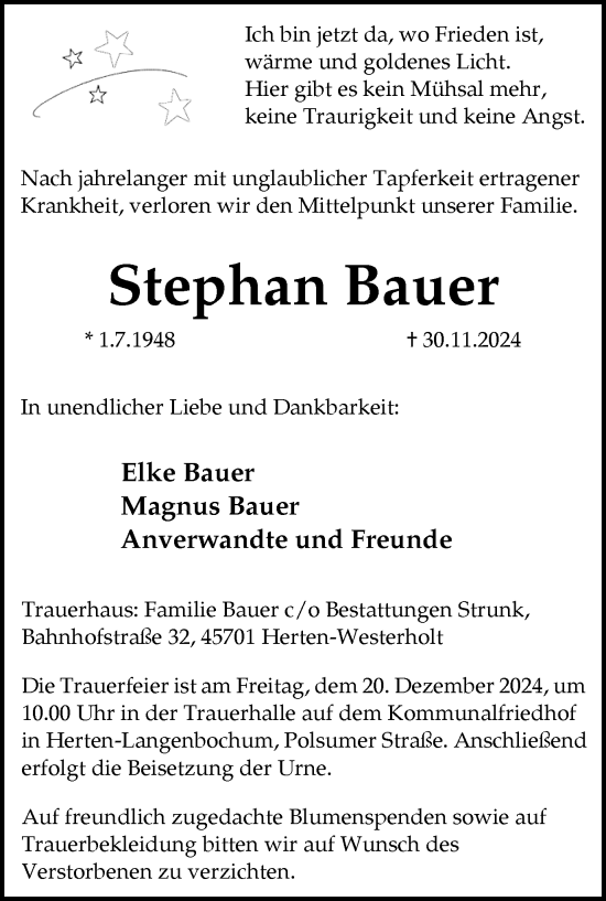 Traueranzeige von Stephan Bauer von Trauer Vest